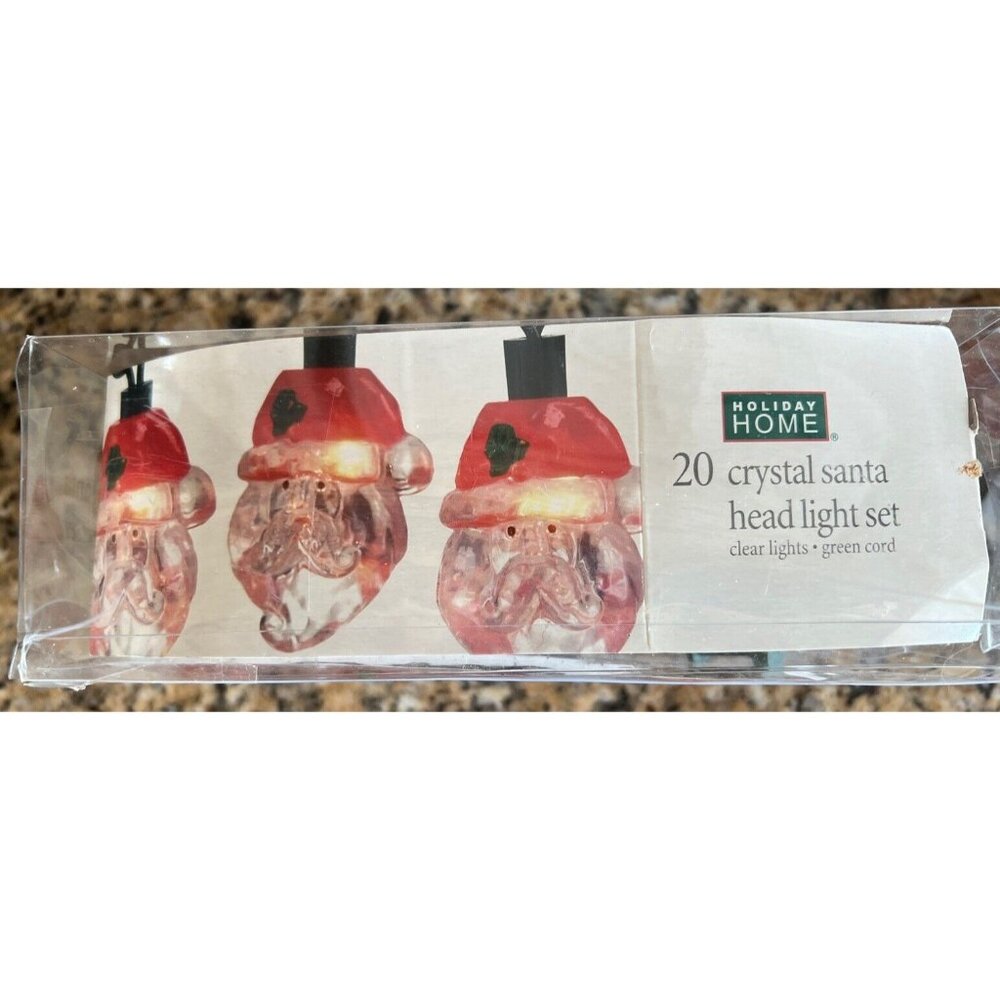 Holiday Home 20 Crystal Santa Head Light Set Vintage New In Box